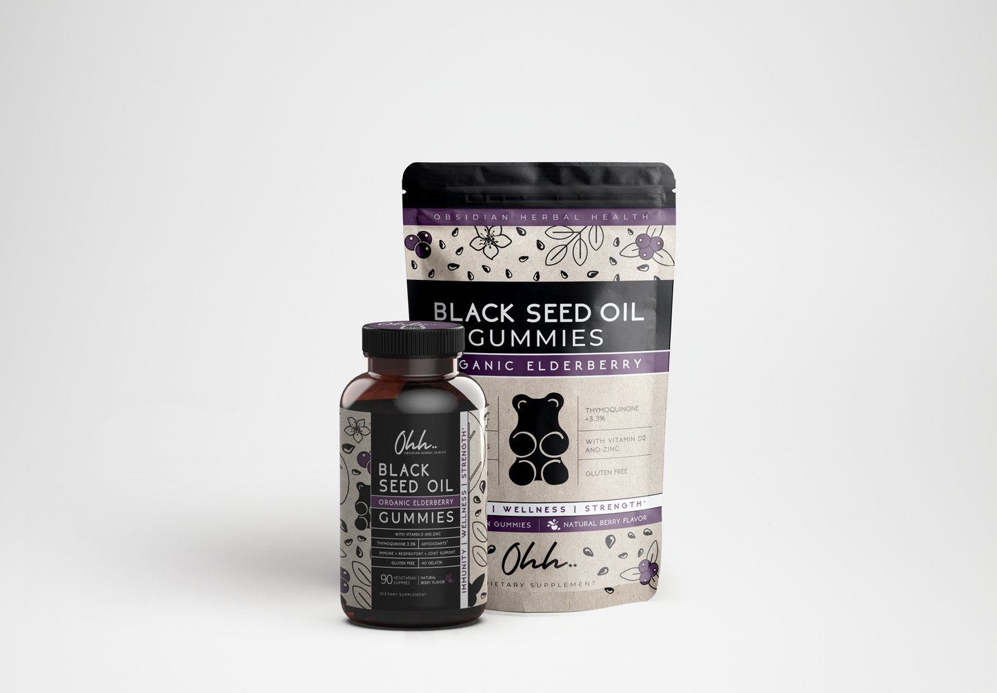 Organic elderberry gummies box contains a bottle with 90 gummies and a pouch with 15 gummies