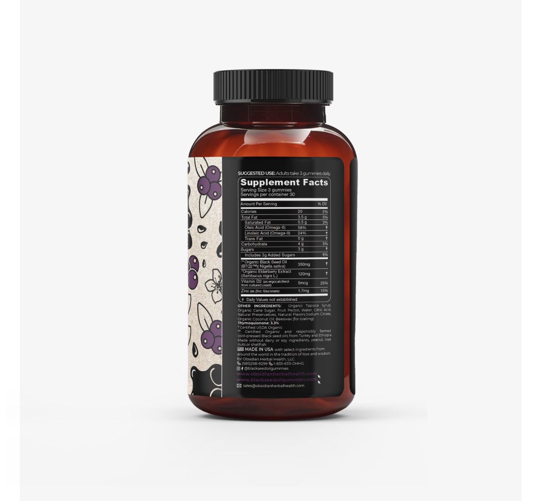 Organic black seed oil and elderberry gummies: supplement facts